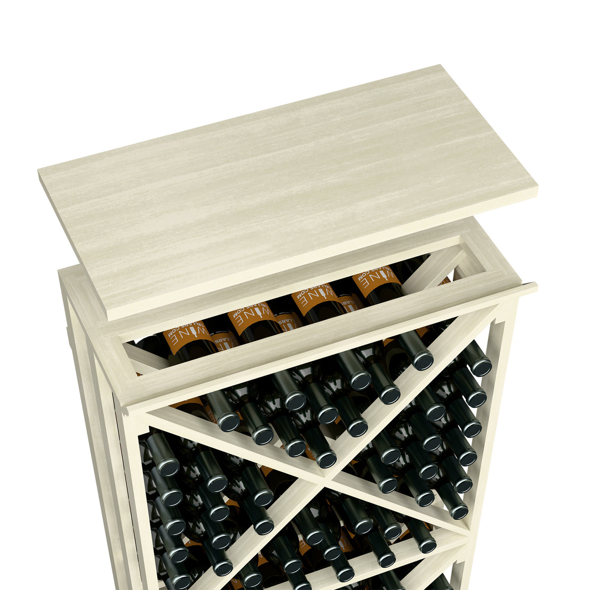 White wood wine bottle rack with top shelf and open crisscross bottle slots