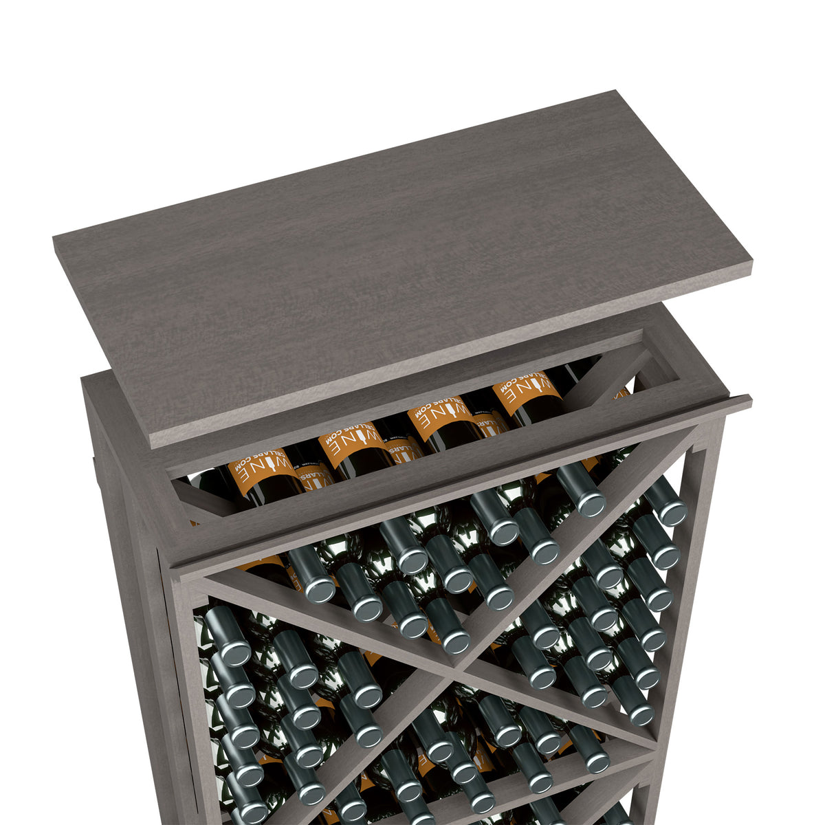 Dark grey top shelf for a wine bottle rack, with two open bottle rows visible