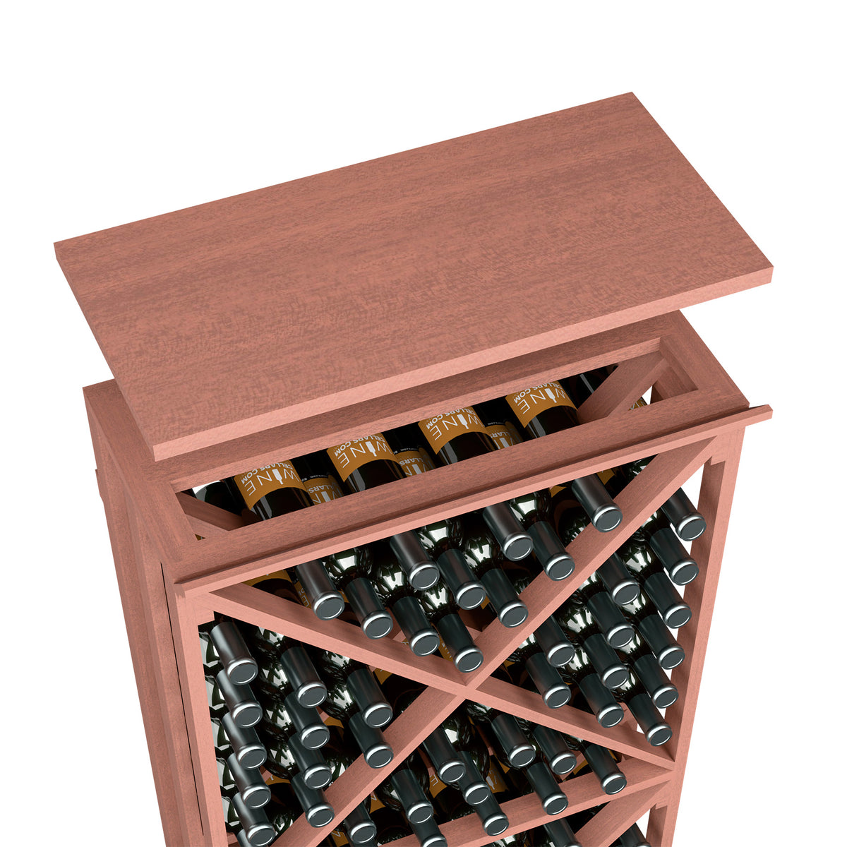 Red-brown top shelf for a wine bottle rack, angled view with bottle slots exposed