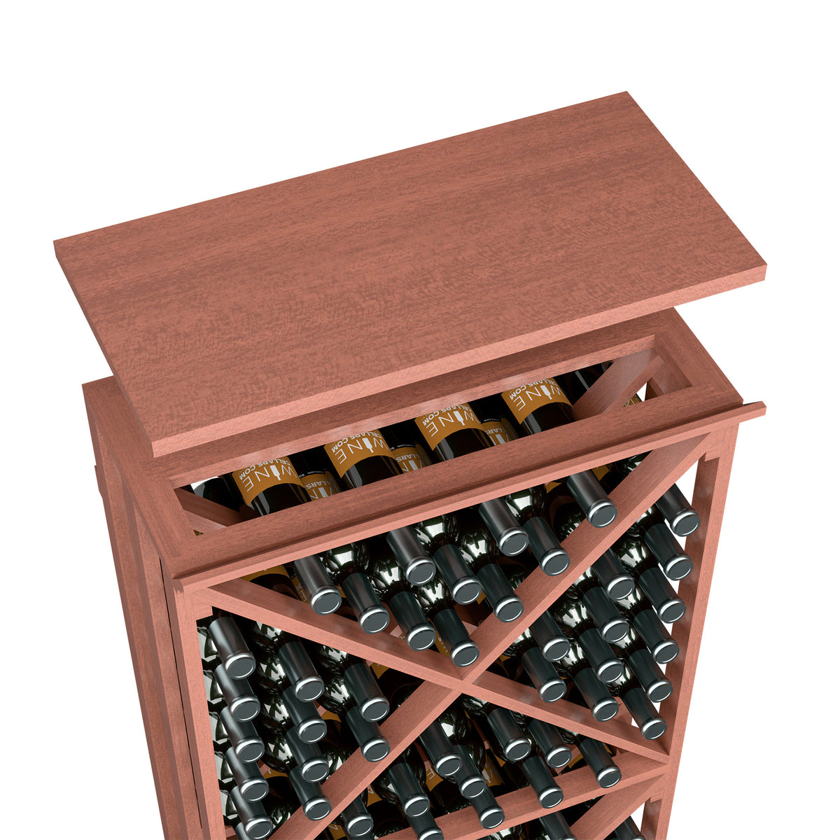 Red-brown top shelf for a wine bottle rack, front view with wine bottle openings