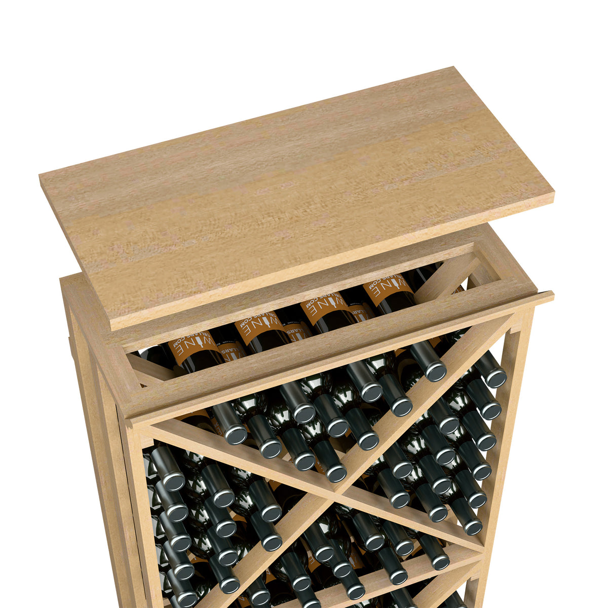Light tan top shelf for a wine bottle rack, front view with bottle slots exposed