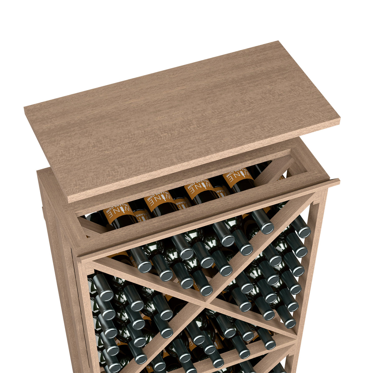 Medium brown top shelf for a wine bottle rack, angled view showing bottle rows