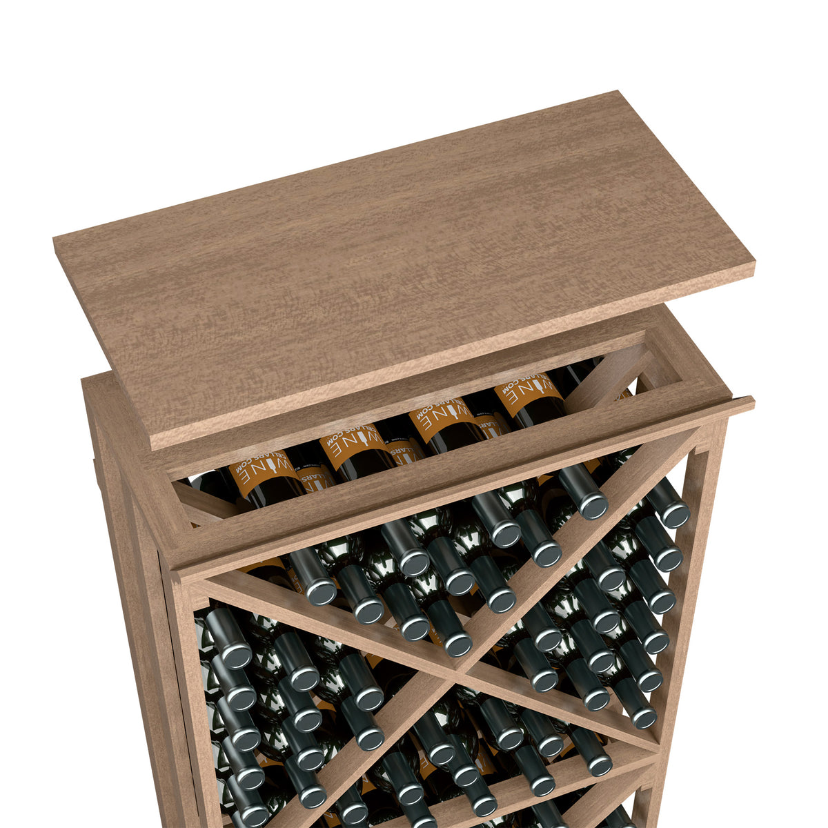 Medium brown top shelf for a wine bottle rack, front view with bottle openings