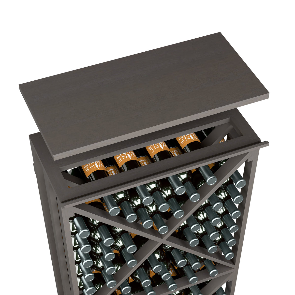 Dark grey top shelf for a wine bottle rack, angled view with top opening
