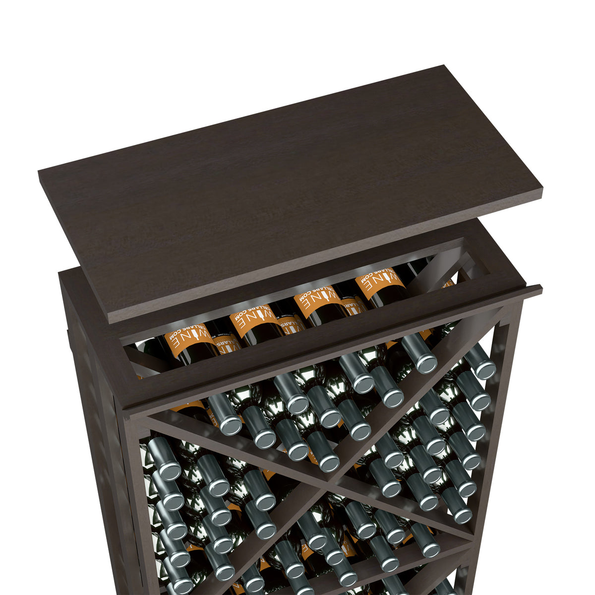 Dark grey top shelf for a wine bottle rack, front view with bottle slots exposed