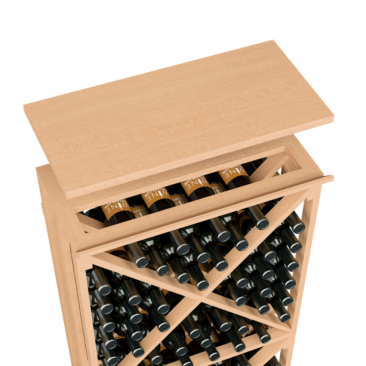 Natural wood wine bottle rack top shelf with open wine slots and three bottle rows.