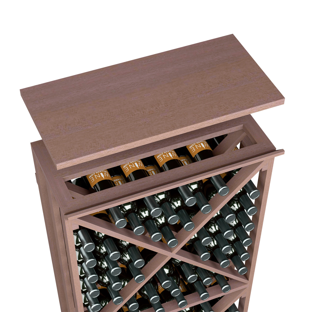 Espresso-brown wood wine bottle rack top shelf with open grid and multiple bottle rows.
