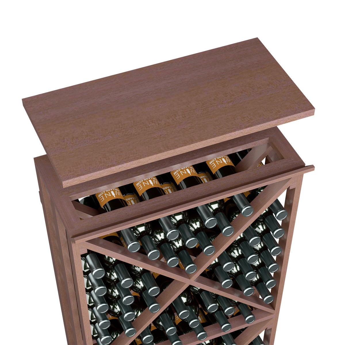 Dark brown wood wine bottle rack top shelf with visible bottle bottles in stacked rows.
