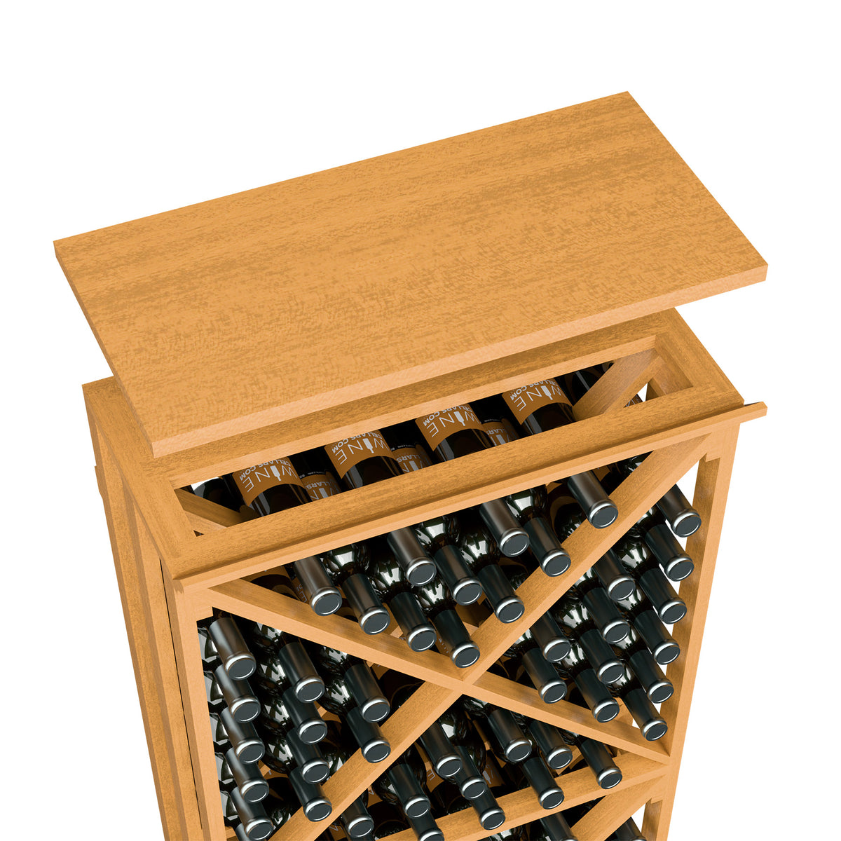 Honey wood wine bottle rack top shelf, angled view with built-in bottle storage shelves.