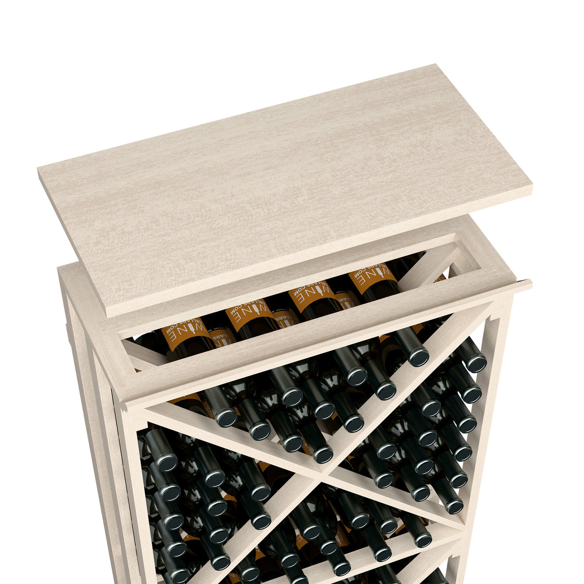 White wood wine bottle rack top shelf, angled view showing stacked rows of wine bottles.