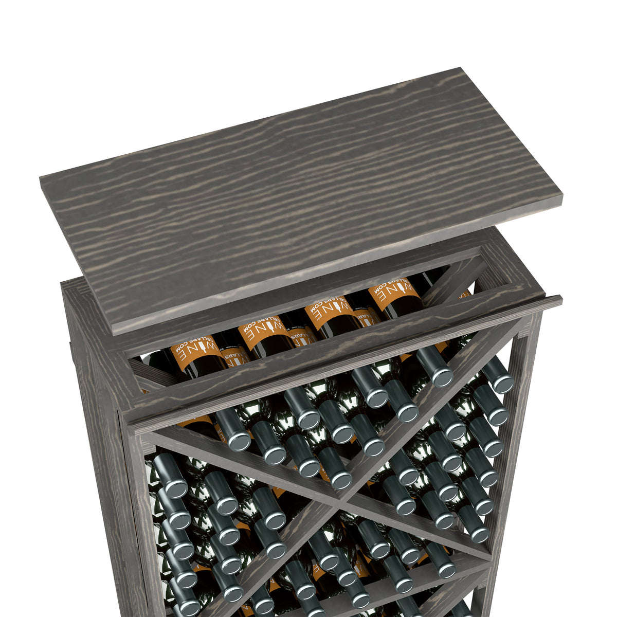 Dark wood wine rack with slotted top shelf and multi-bottle storage frame
