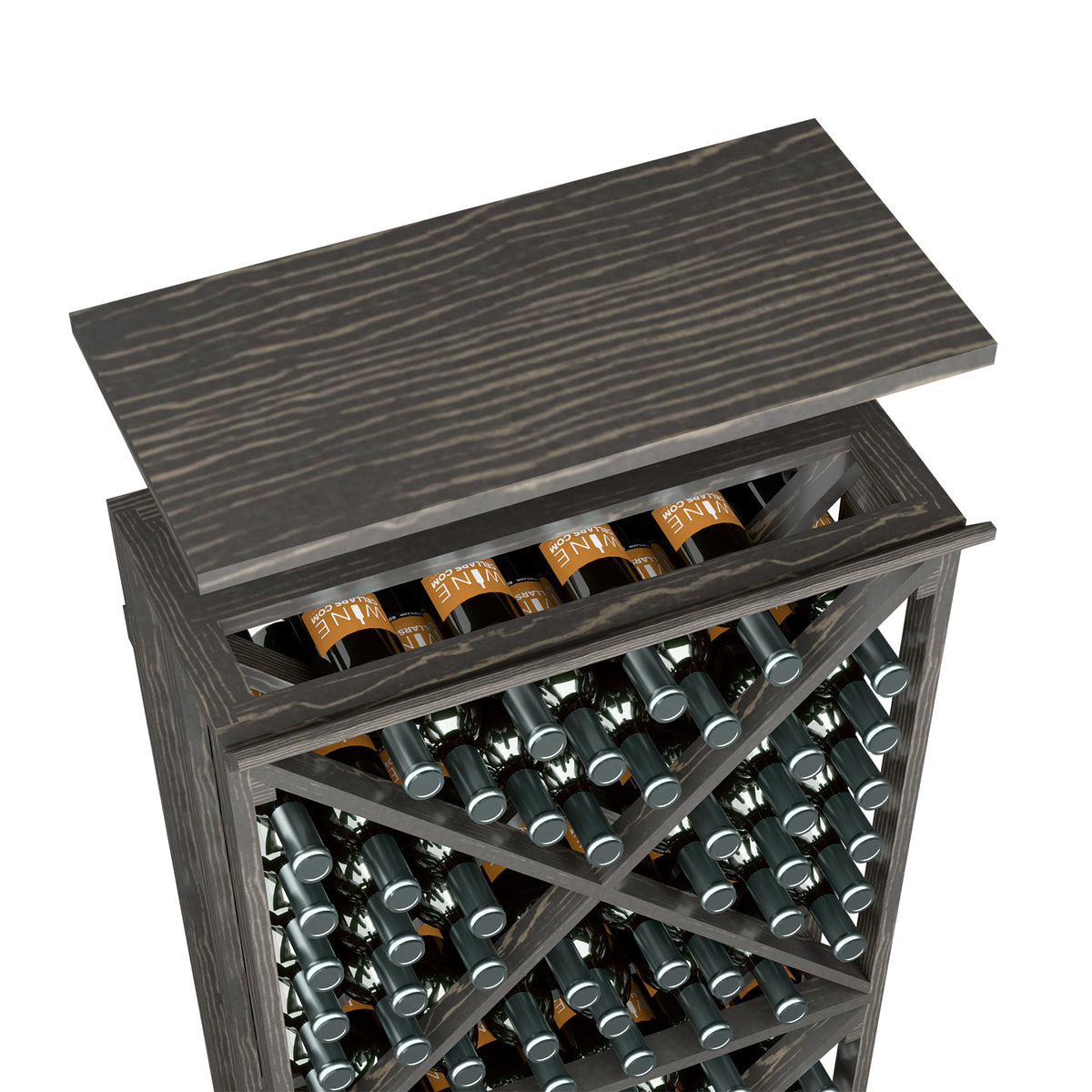 Dark wood wine rack top shelf with bottle cubby compartments and slatted frame