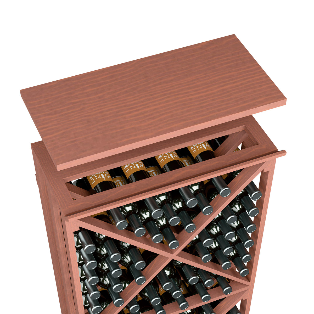 Red-brown wood wine rack with slotted top shelf and angled bottle storage rows