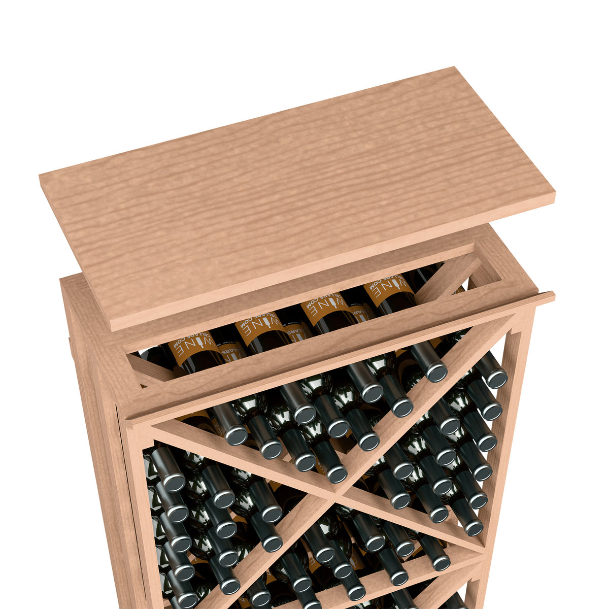 Light tan wood wine rack with top shelf opening and organized bottle storage slots