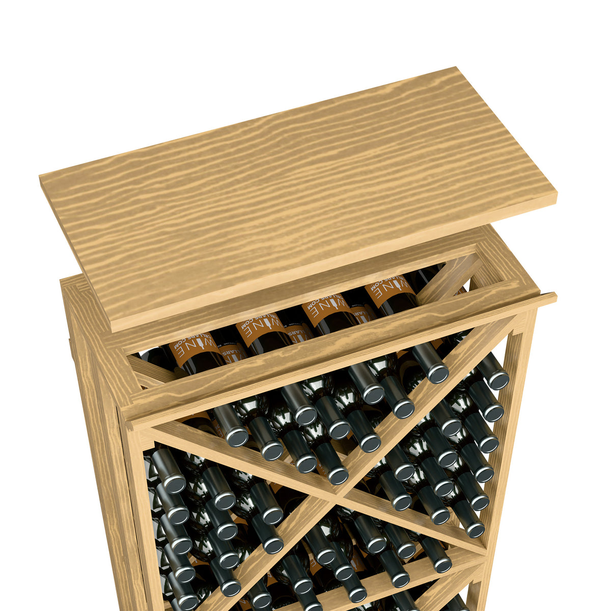 Light blonde wood wine rack top shelf with bottle slots and framed lattice structure