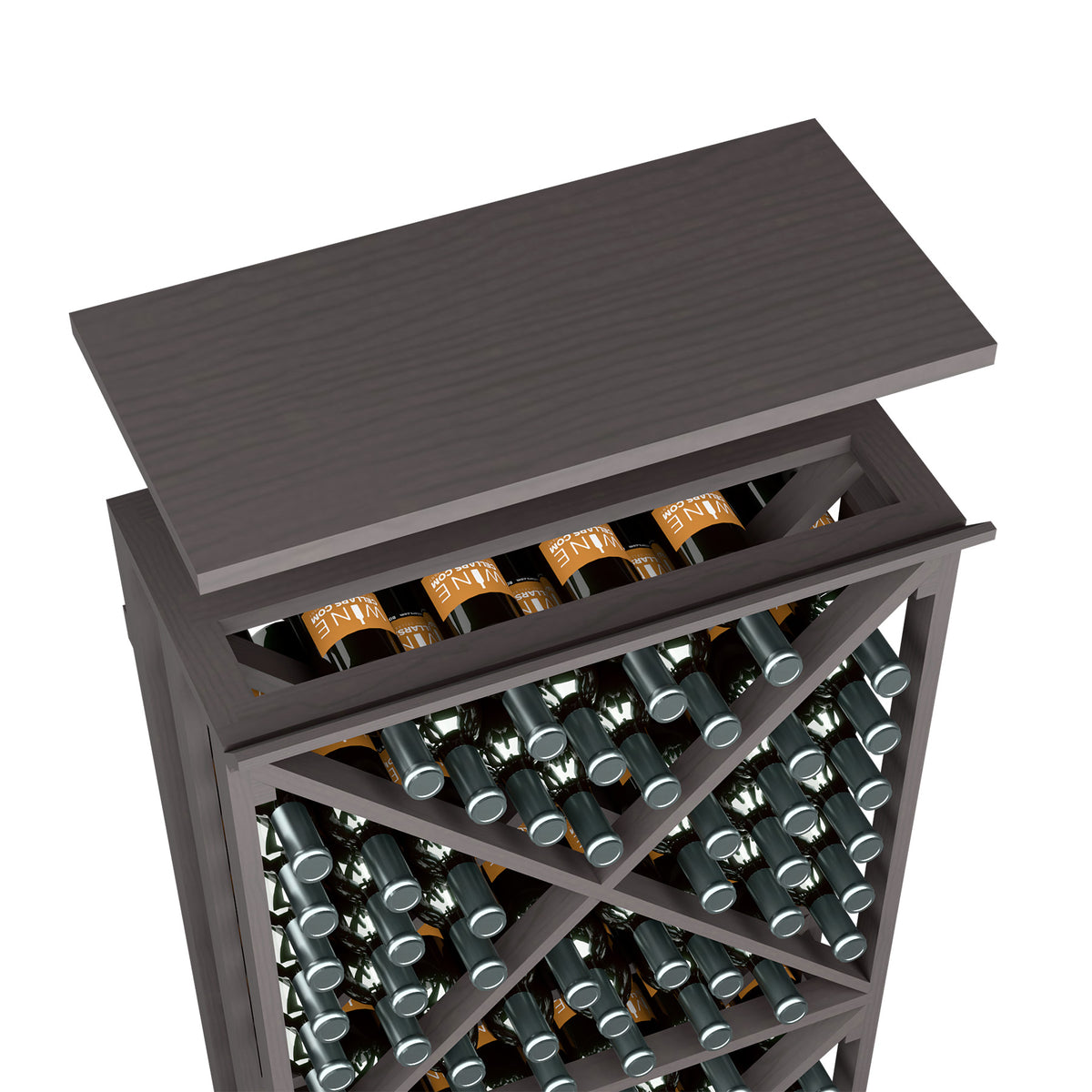Dark charcoal wood wine rack with top shelf opening and bottle storage cubbies