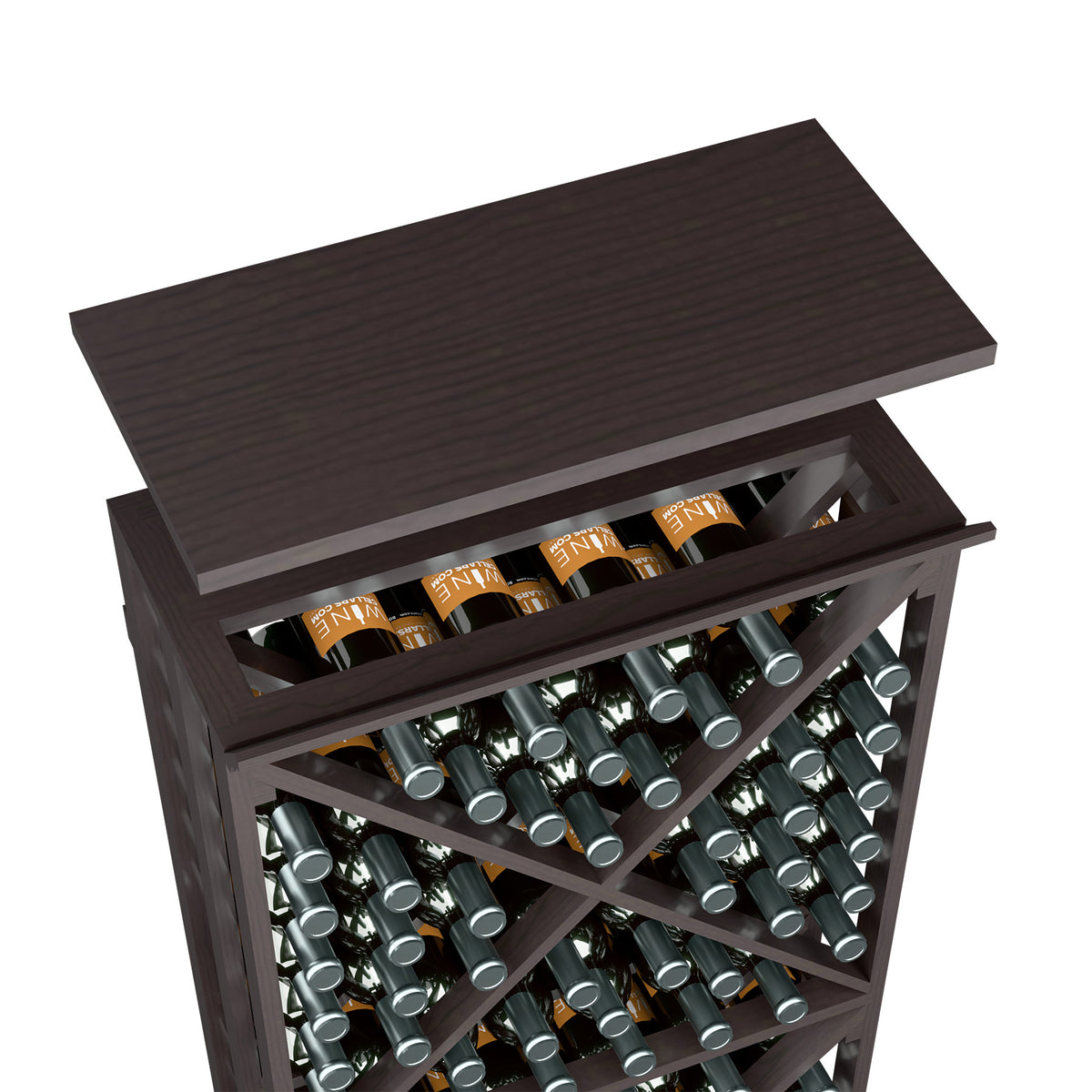 Dark brown wood wine rack with top shelf and multiple bottle storage compartments