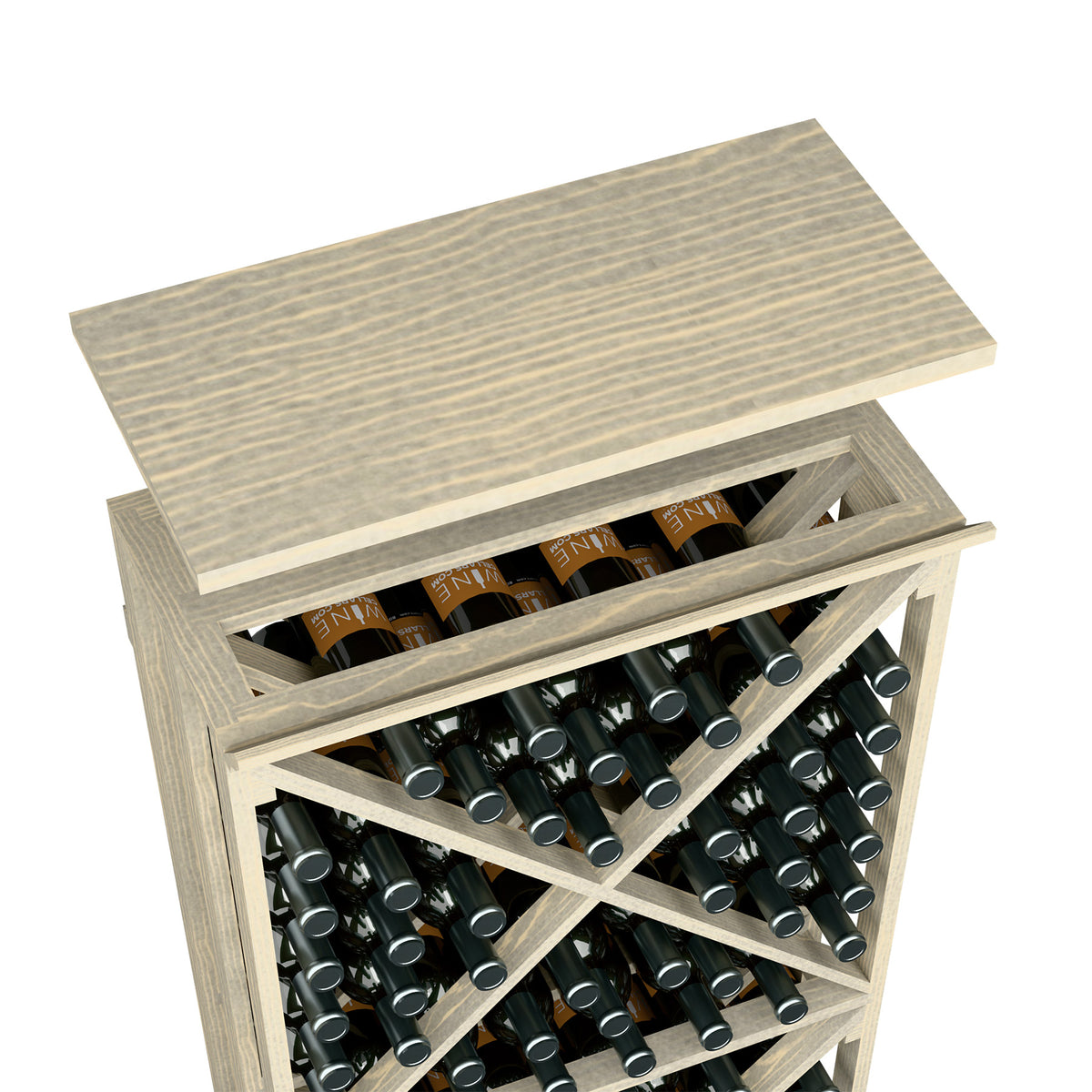 Light gray solid wood top shelf wine rack with open bottle storage slots