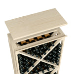 Natural light wood top shelf wine rack with three rows of bottle cubbies