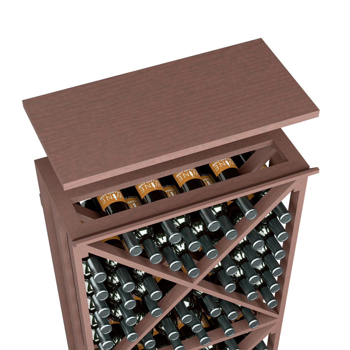 Dark brown solid wood top shelf wine rack with open bottle storage cubbies