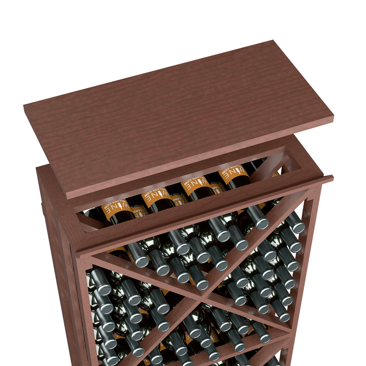Dark brown top shelf wine rack with angled bottle openings and three rows