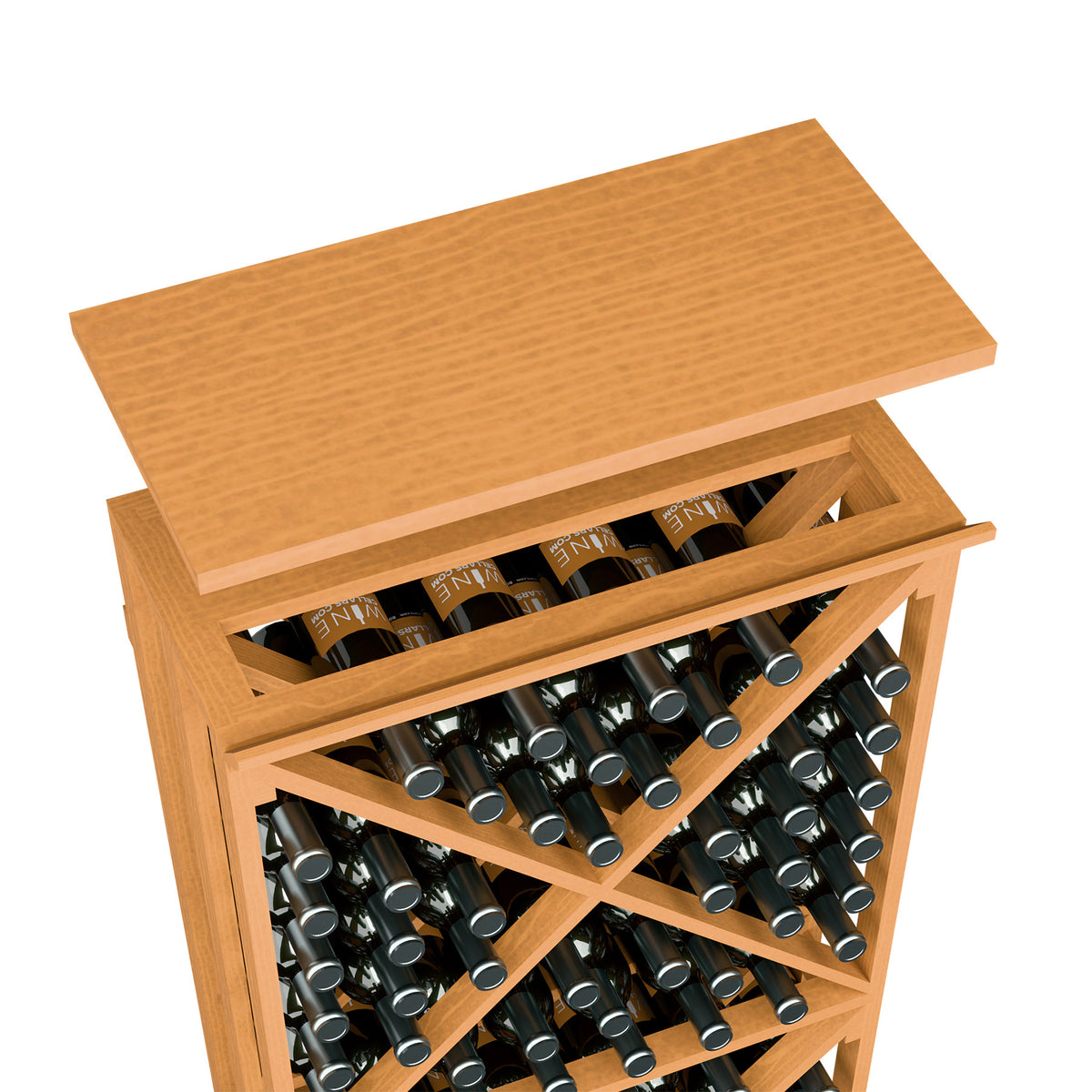 Warm honey wood top shelf wine rack with open bottle storage slots