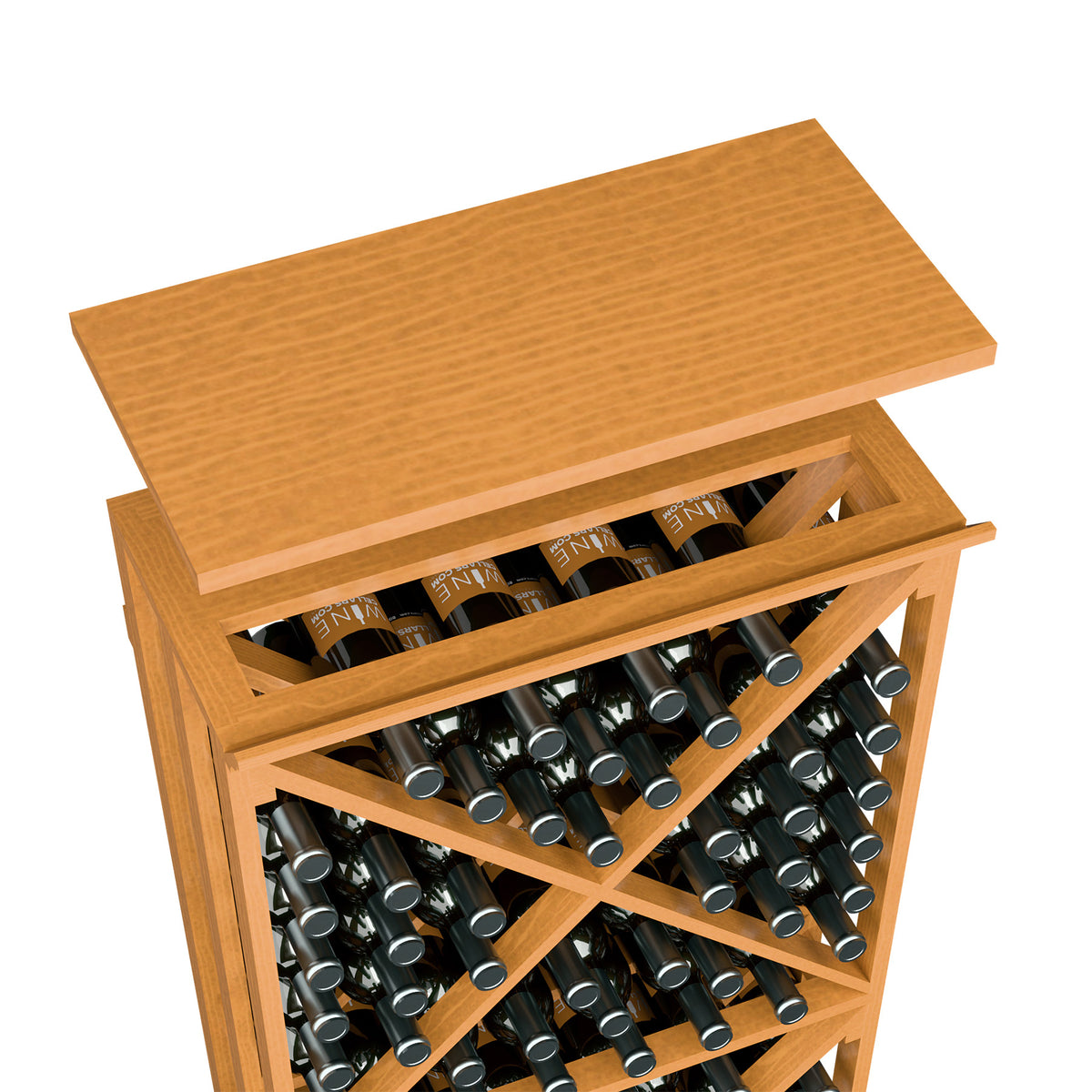 Honey wood top shelf wine rack with three rows of bottle cubby openings