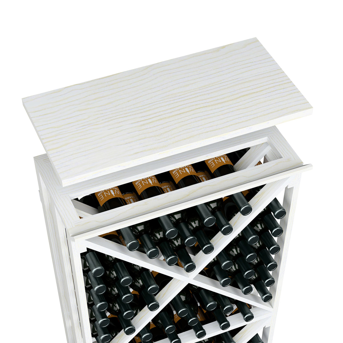 White painted wood top shelf wine rack with bottle slots and internal dividers