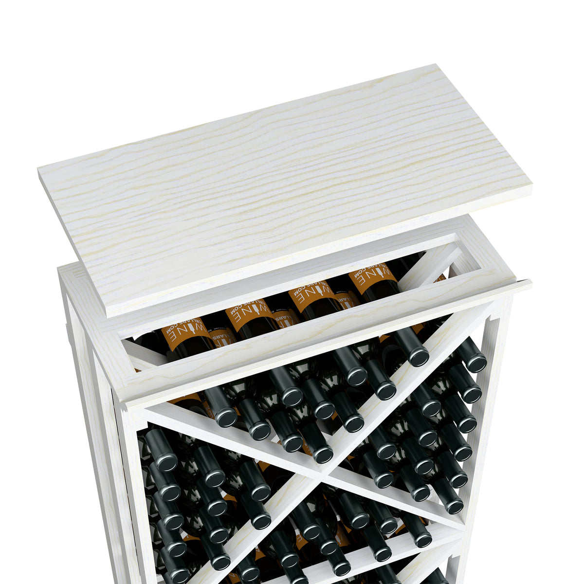 White wood top shelf wine rack with stacked bottle compartments and dividers
