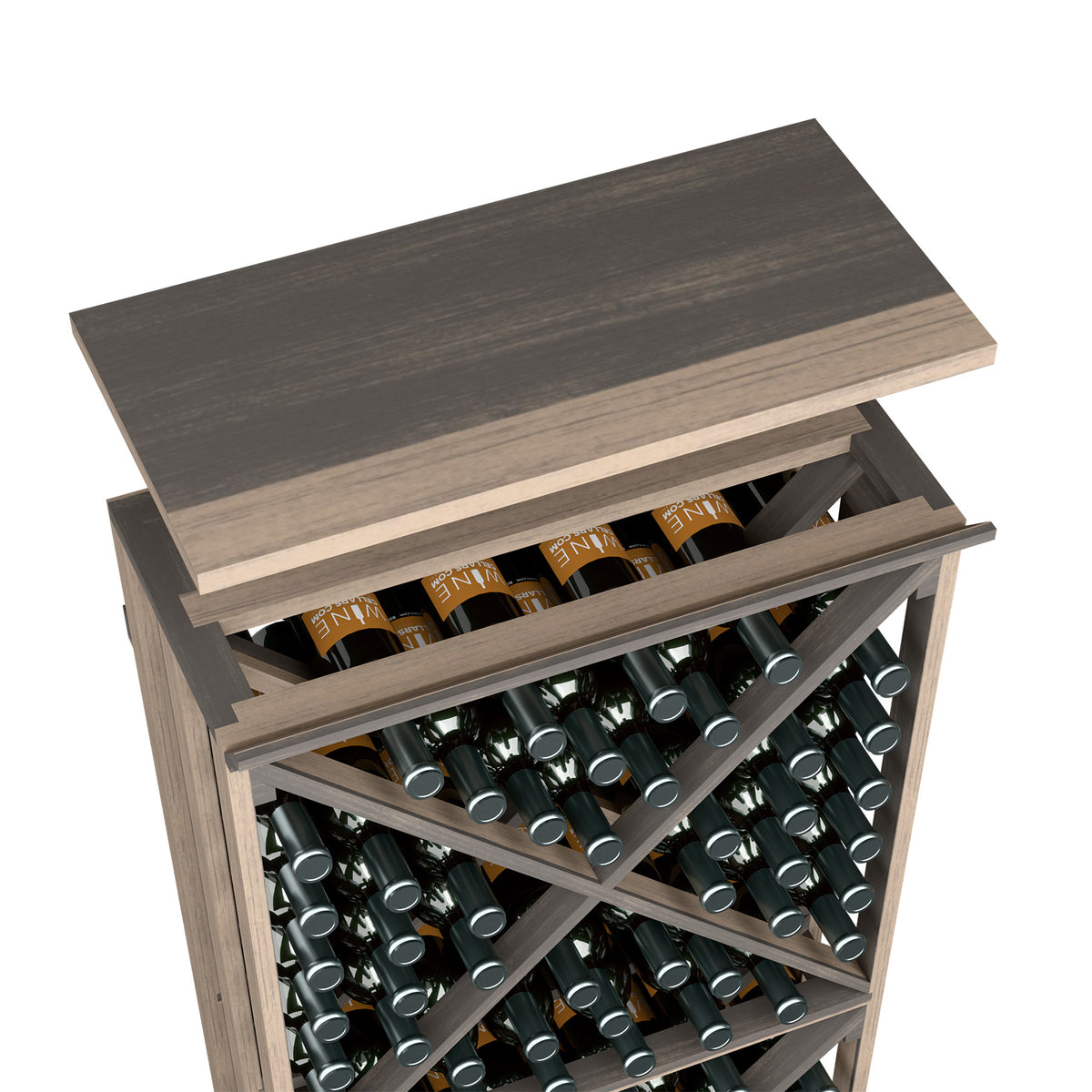Wood top shelf for wine bottle rack, dark brown finish with open bottle rows