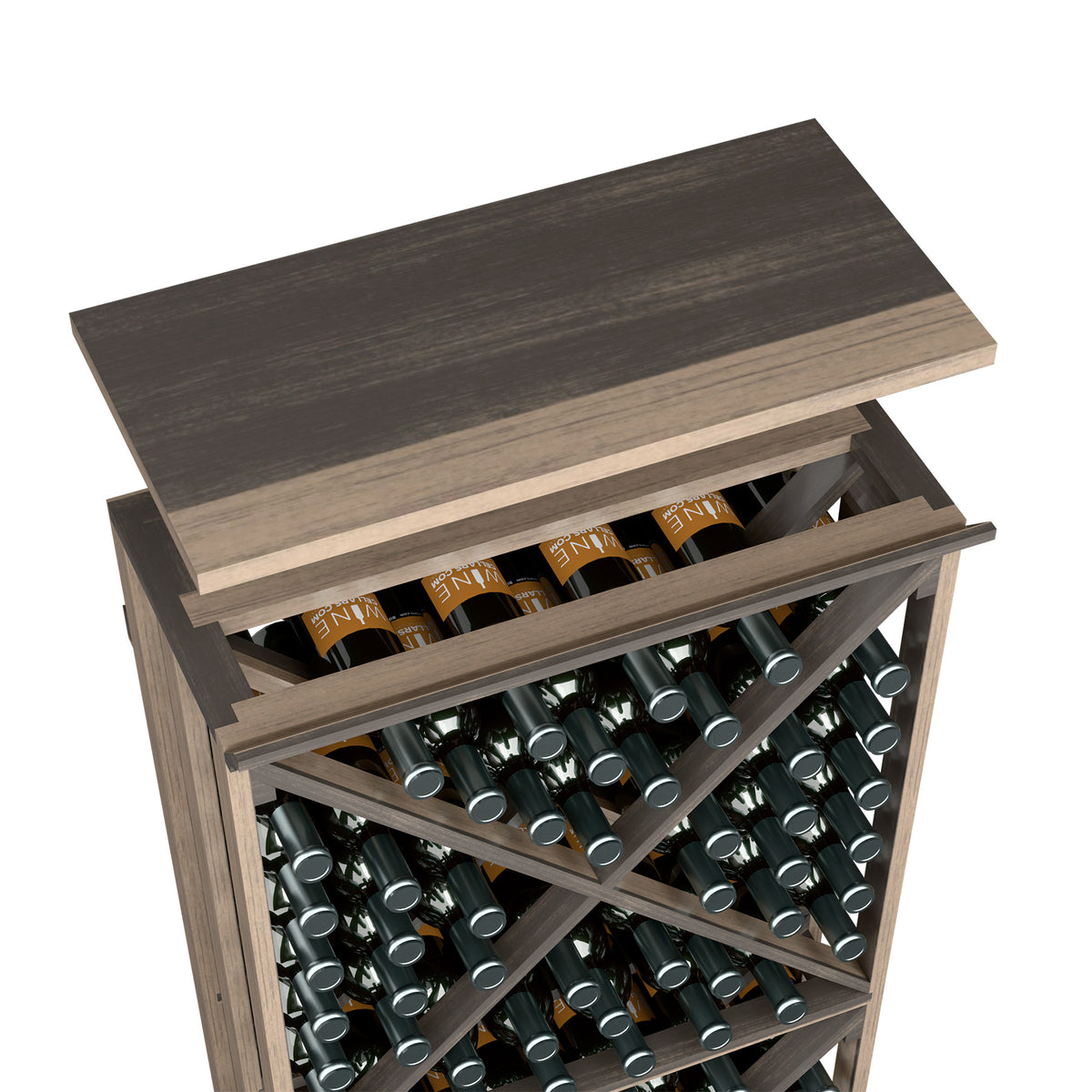 Wood top shelf for wine bottle rack, dark brown finish with bottle storage slots