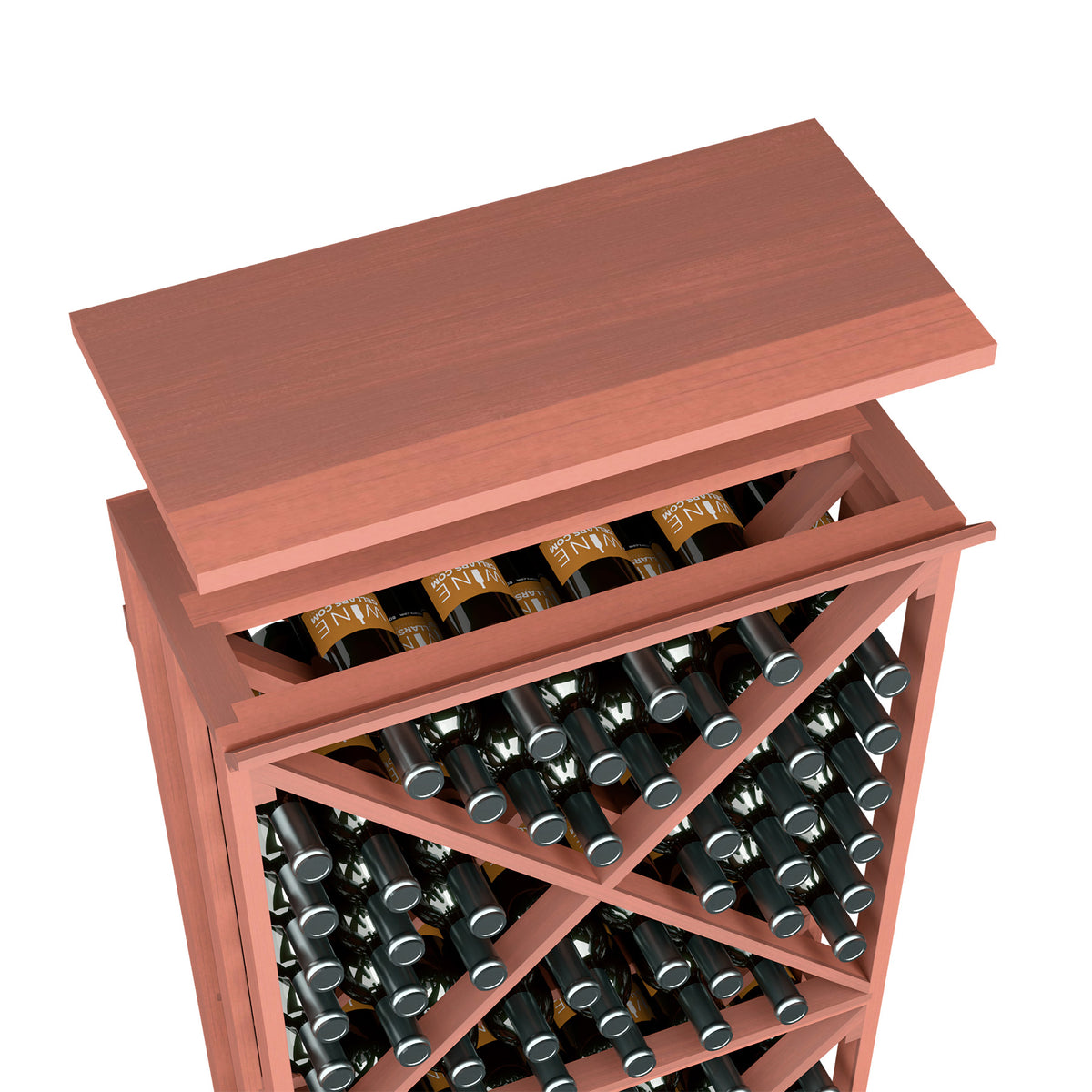 Wood top shelf for wine bottle rack, reddish finish with open bottle rows