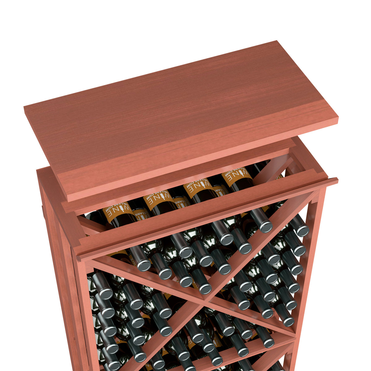 Wood top shelf for wine bottle rack, warm red finish with bottle storage slots