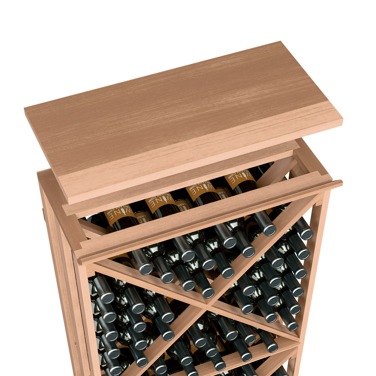 Wood top shelf for wine bottle rack, light tan finish with bottle storage slots