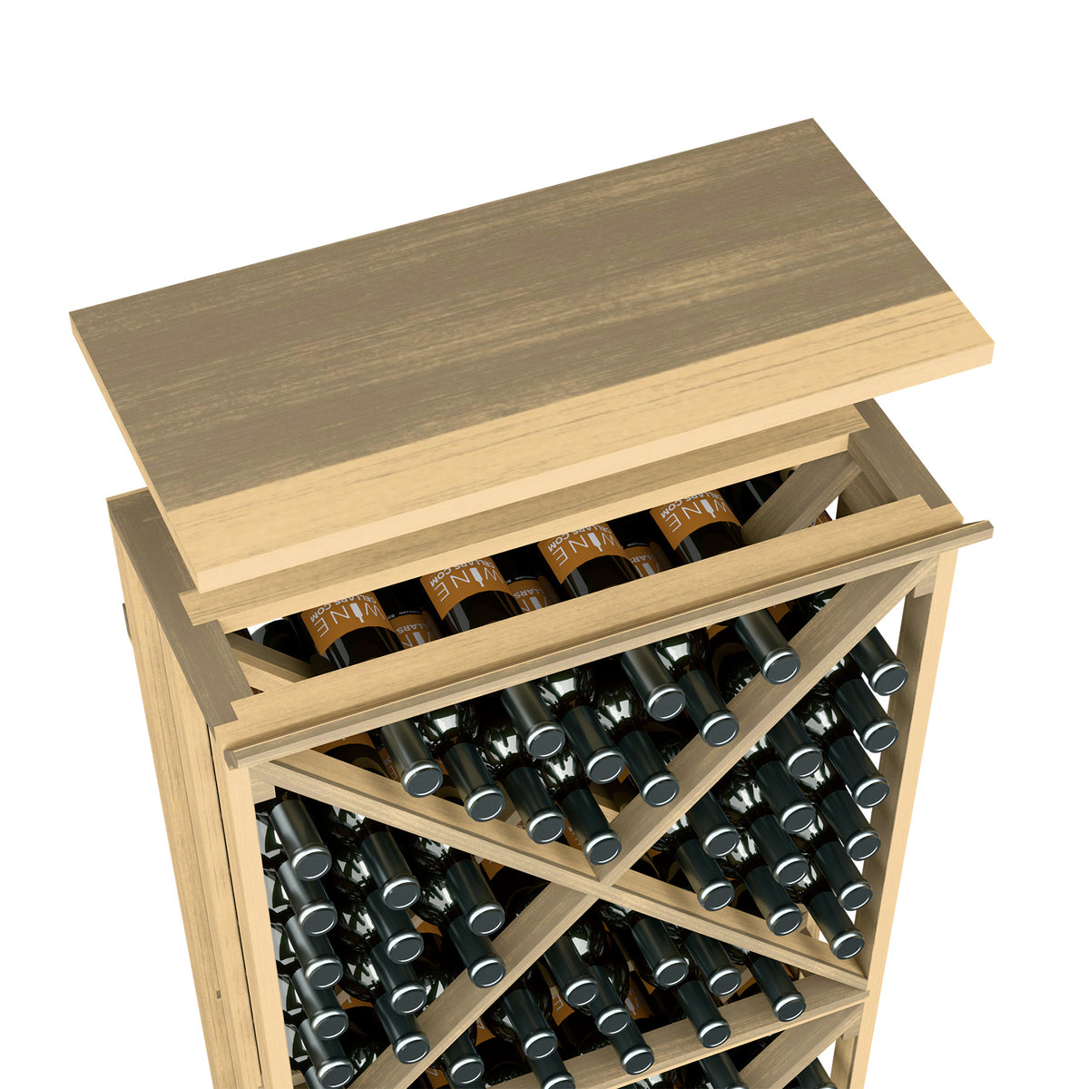 Wood top shelf for wine bottle rack, light natural finish with open bottle rows