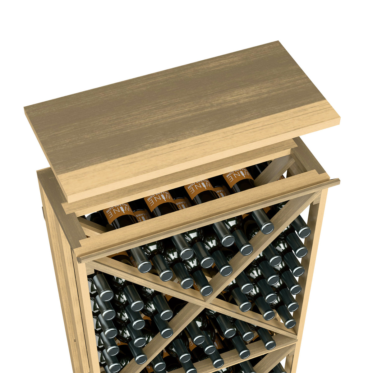 Wood top shelf for wine bottle rack, light natural finish with bottle storage slots