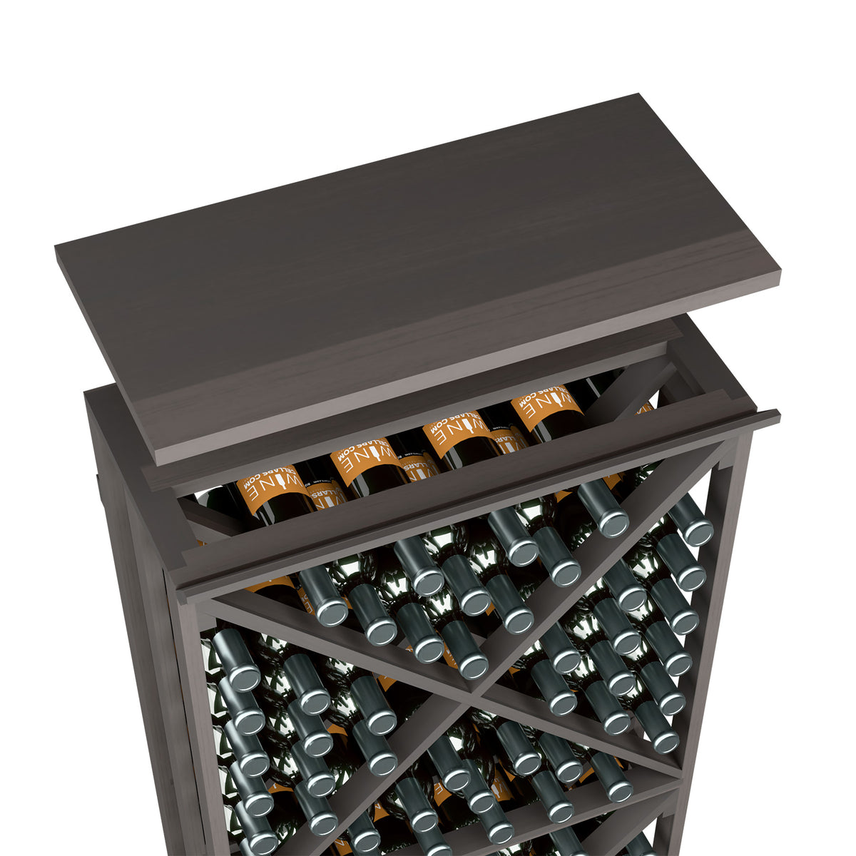 Wood top shelf for wine bottle rack, dark gray finish with open bottle rows
