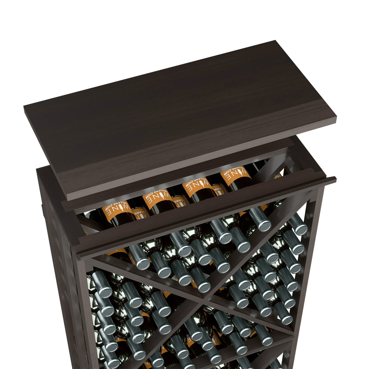 Wood top shelf for wine bottle rack, dark gray finish with bottle storage slots