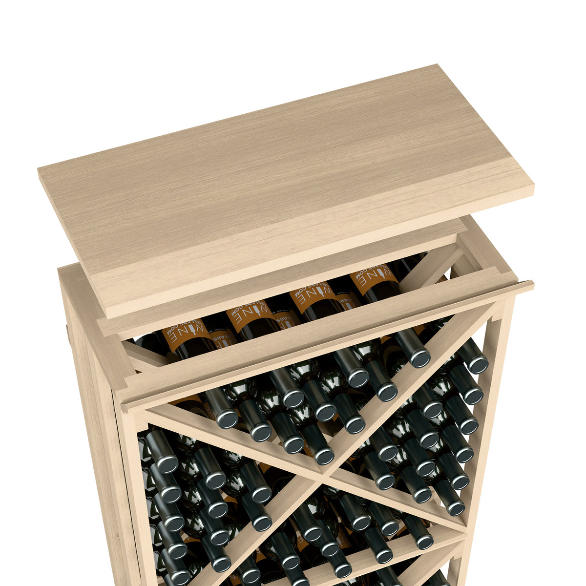 Natural wood wine rack top shelf with open bottle rows and central divider