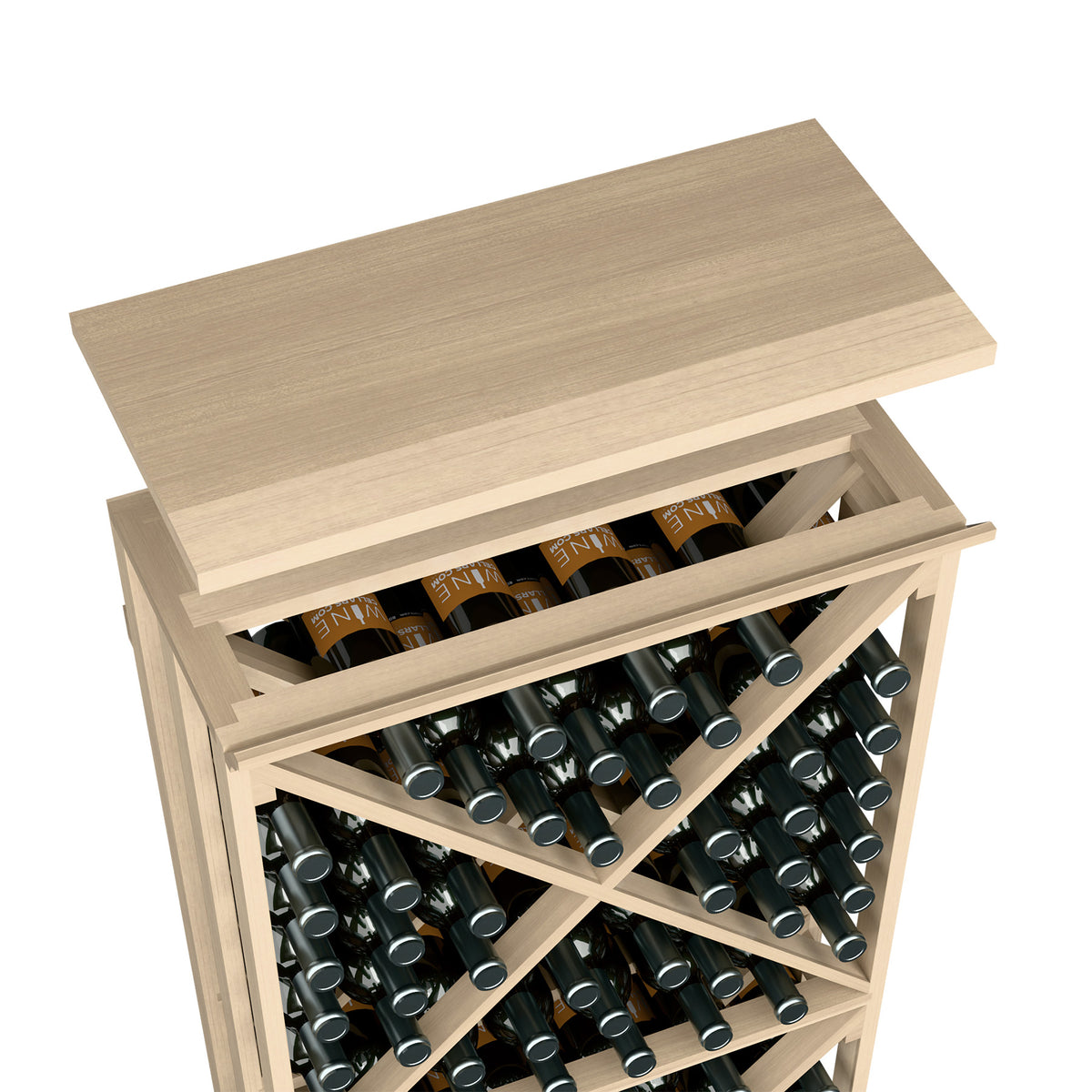 Light natural wood wine rack top shelf with stacked bottle storage and open front