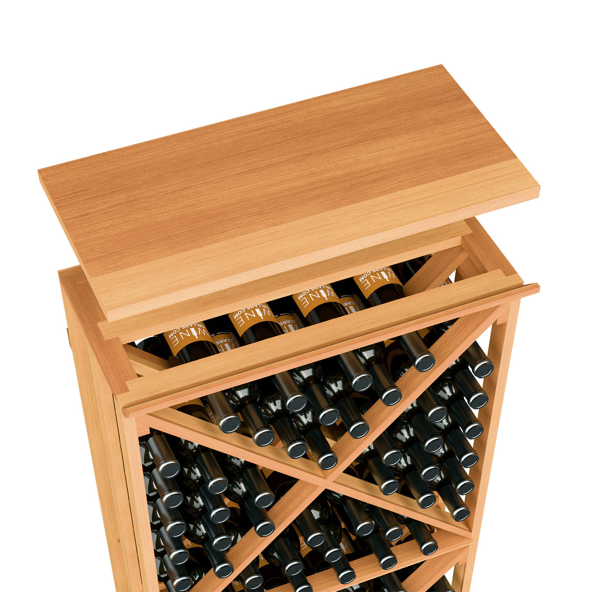Light wood wine rack top shelf with open compartments for bottles and wine bottles