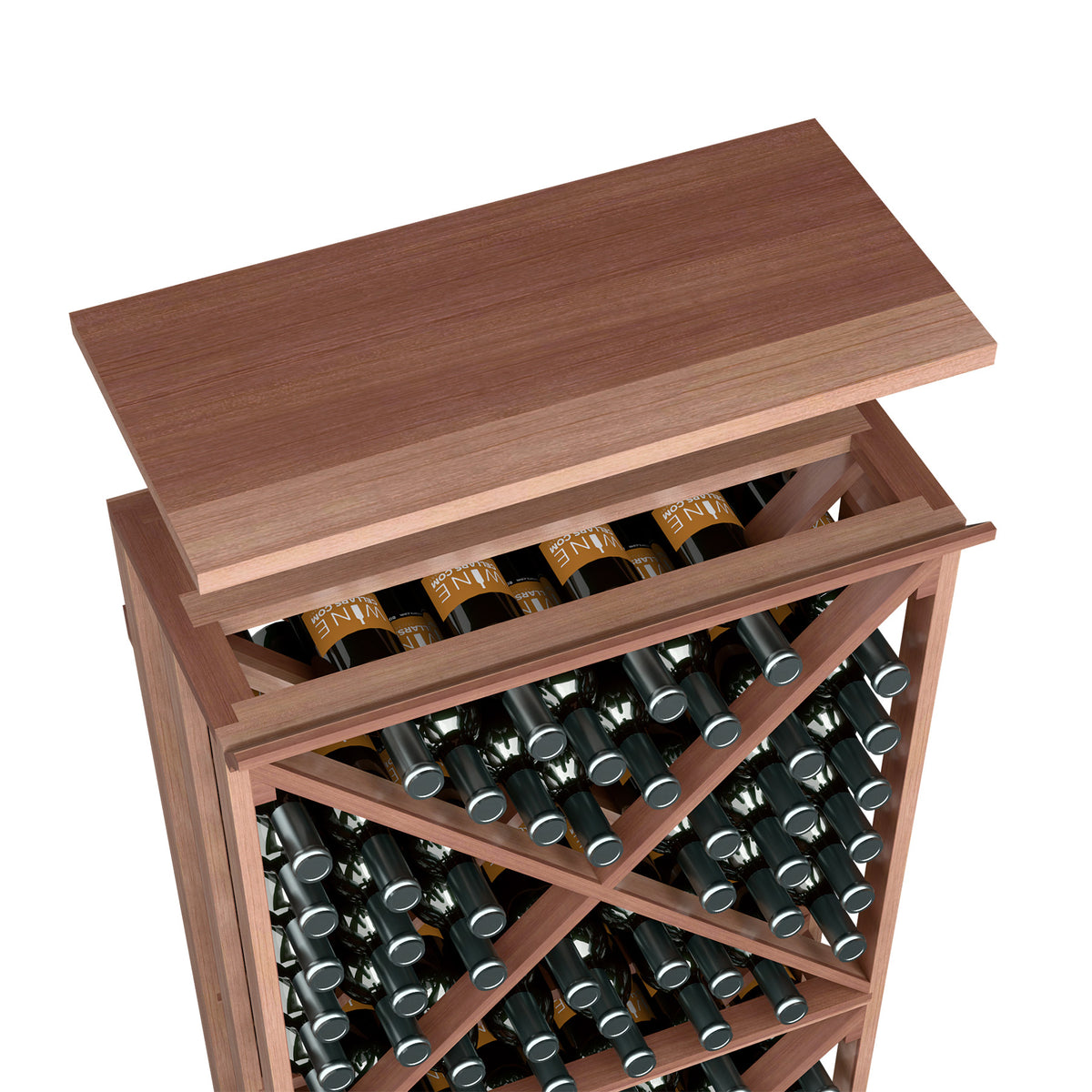 Dark brown wood wine rack top shelf with multiple bottle rows and open divider