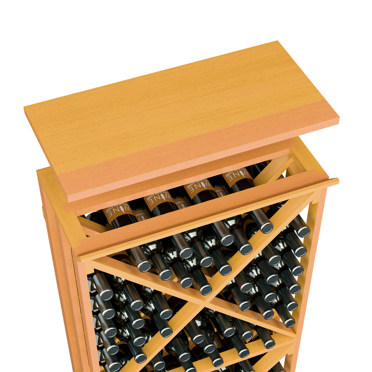 Golden wood wine rack top shelf with open front bottle storage and shelves