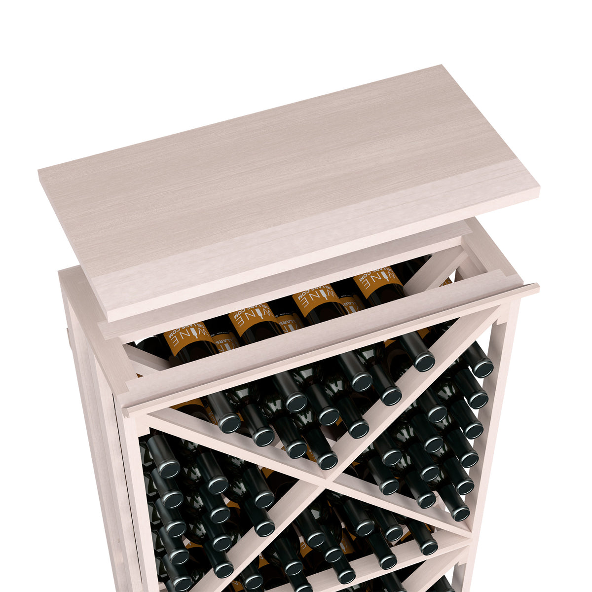 Grey-stained wood wine rack top shelf with open bottle rows and central space