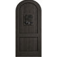 Arched-top wooden wine cellar door with centered wrought-iron speakeasy grate and two panels