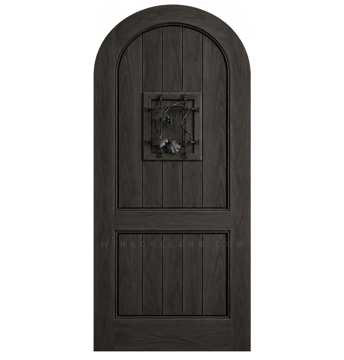Arched-top wooden wine cellar door with centered wrought-iron speakeasy grate and two panels