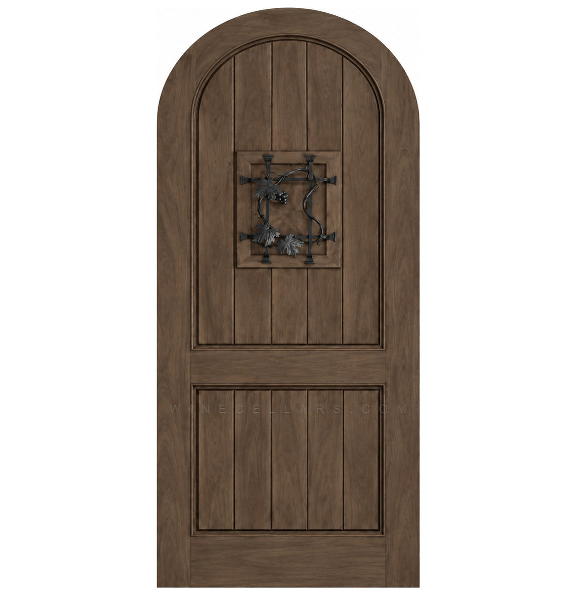 Arched-top wooden wine cellar door in dark brown with centered wrought-iron speakeasy grate