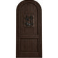 Arched-top wooden wine cellar door in rich dark brown with centered wrought-iron speakeasy grate