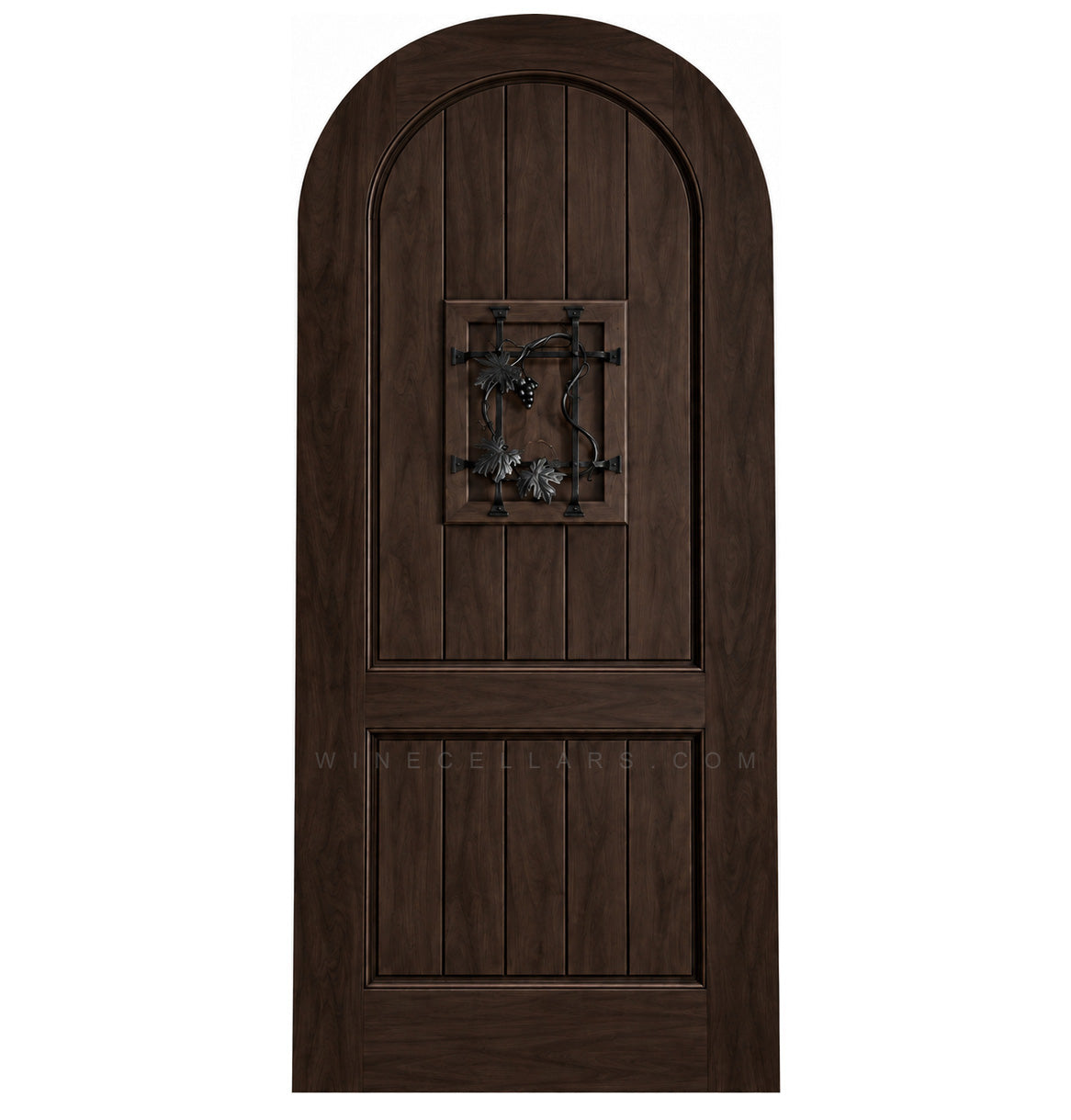 Arched-top wooden wine cellar door in rich dark brown with centered wrought-iron speakeasy grate