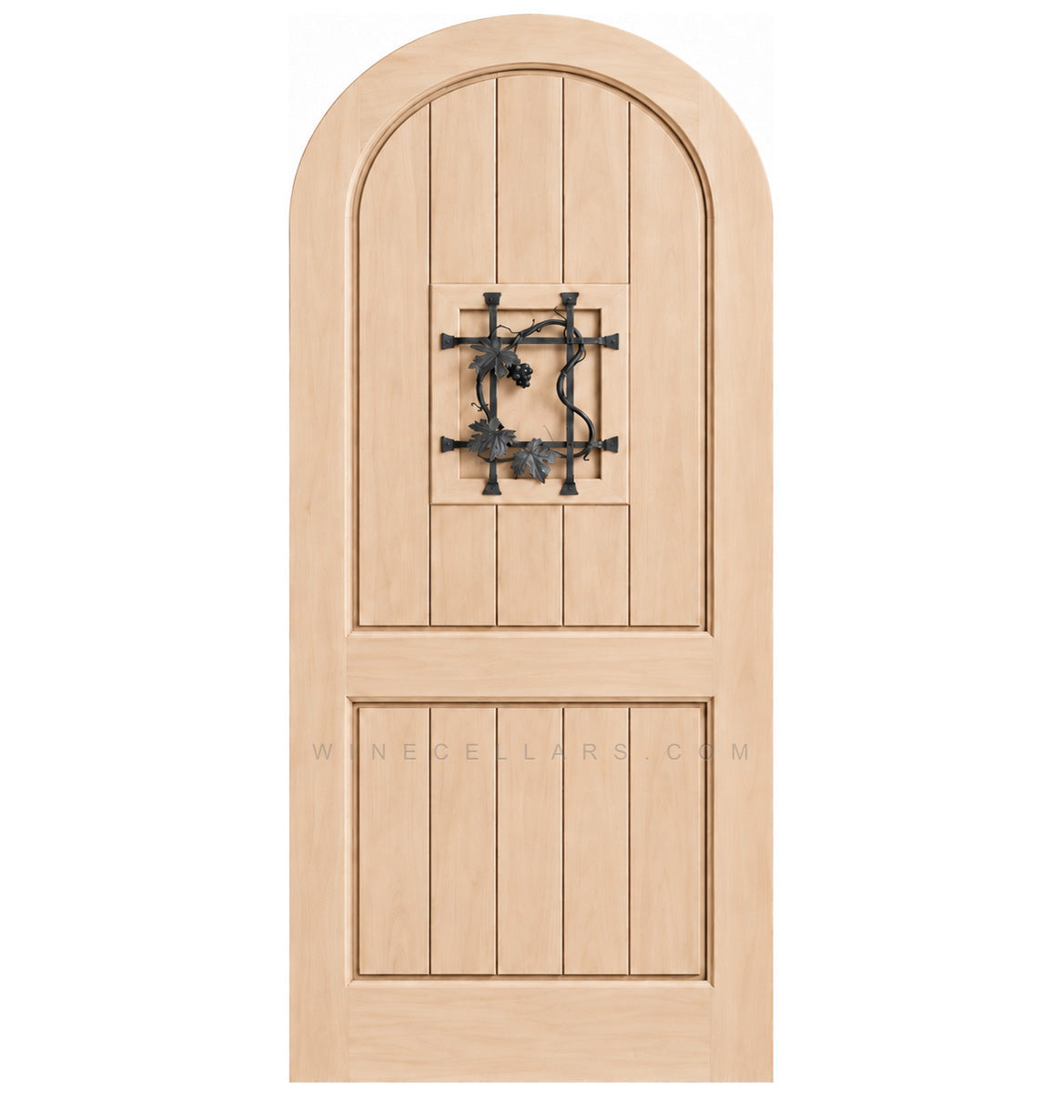 Arched-top wooden wine cellar door in light wood with centered wrought-iron speakeasy grate